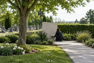 Jardin du souvenir paysager dans un cimetière, avec une stèle collective, des fleurs et une personne recueillie vue de dos.