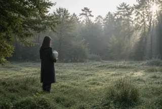 Personne tenant une urne funéraire dans une clairière naturelle française, dans une atmosphère sobre et recueillie.